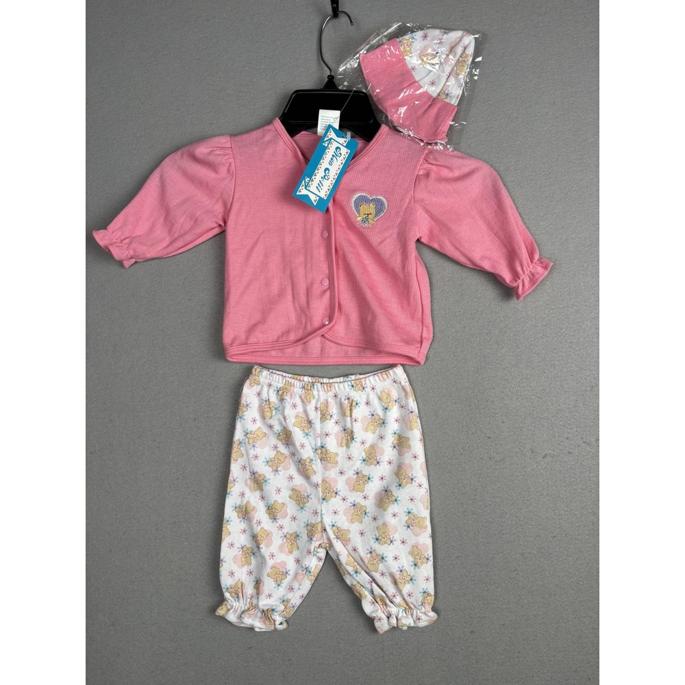 Vintage Mon Petit 3 Piece Outfit Set Girls 6-9 Months Pink Teddy Hat Hong Kong